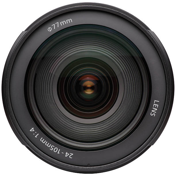 Zoomed in camera lens on white background stock photo