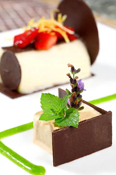 Cream dessert by fruits ,mint and chocolate