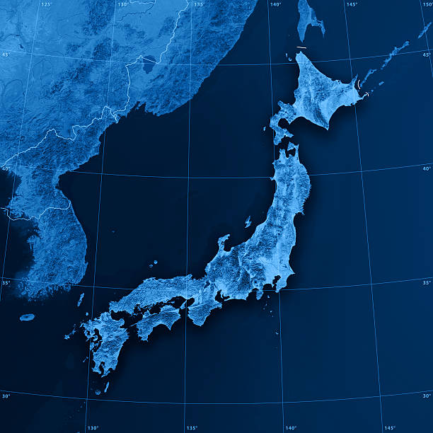 "3D rendering and image composing: Topographic Map of Japan. Including national borders, rivers and accurate longitude/latitude lines. High resolution available! High quality relief structure!Relief texture and satellite images courtesy of NASA. Further data source courtesy of CIA World Data Bank II database.Note: This image is perfectly congruent to the image"