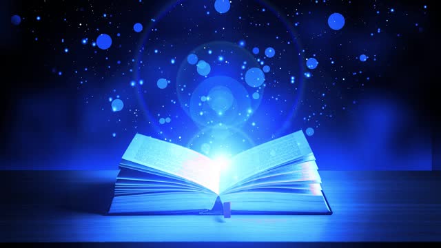 Fantasy Book Magic with Blue Light and Flying Alphabet. The Fairytale Book on Stone with Animated Background of Depth of Field. Education and Stories to Be Told concept