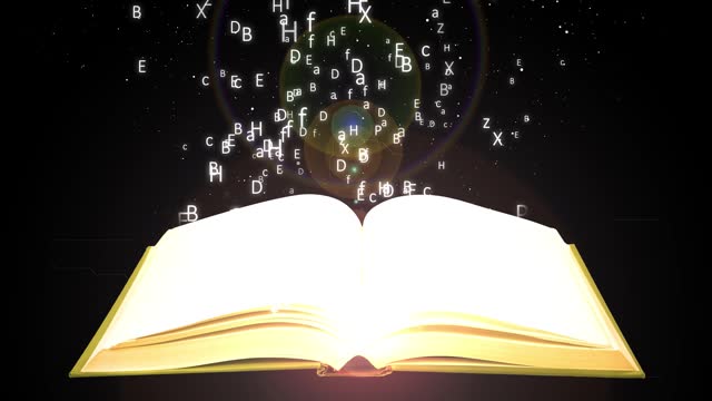 Magic book with Letters Particle Flying up. Fairytale Book with Glowing Light and Alphabet Animation