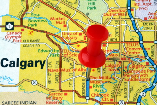 A red pushpin on a map pointing to Calgary.