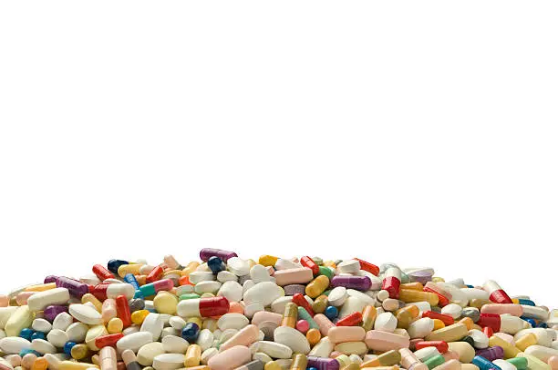 Mound of Prescription Pills against a White Background.