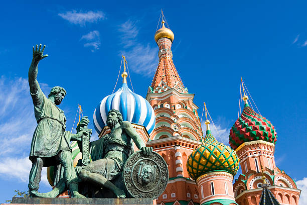 St.Basil Orthodox Cathedral and Minin & Pozharskiy monument in Moscow,Russia.