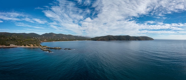 A panorama drone view of Laconella and Lacona Beach on the island of Elba