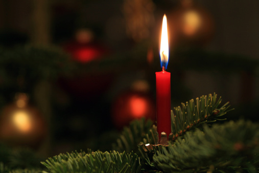 Candlelight on a branch of a christmas tree.For more Christmas images click below: