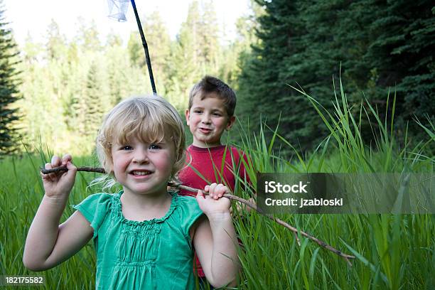 Bambini In Un Campo - Fotografie stock e altre immagini di 6-7 anni - 6-7 anni, Acchiappafarfalle, Afferrare