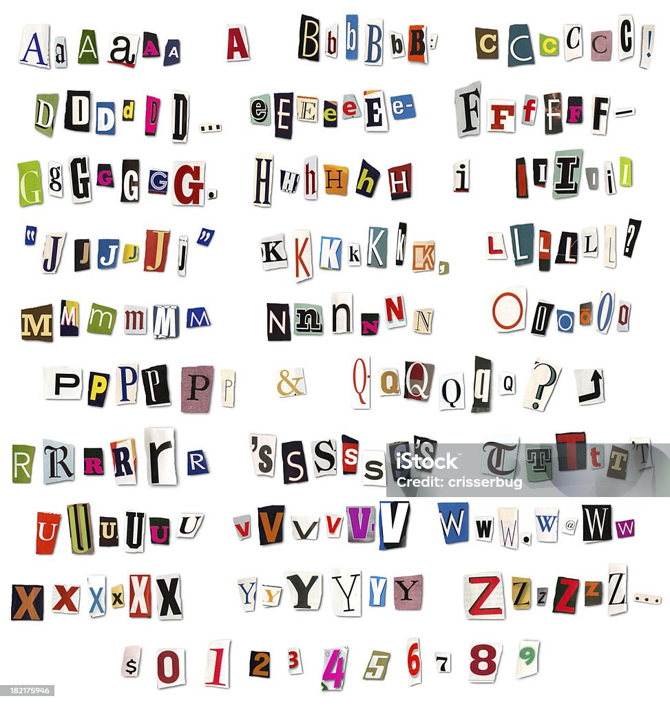 Ransom Note Magazine and Newspaper Cutouts colorful alphabet of letters and numbers cut from magazines and newspapers arranged to look like a threatening letter. Letter - Document Stock Photo