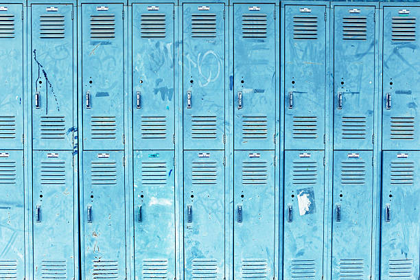 messed up blue lockers stock photo