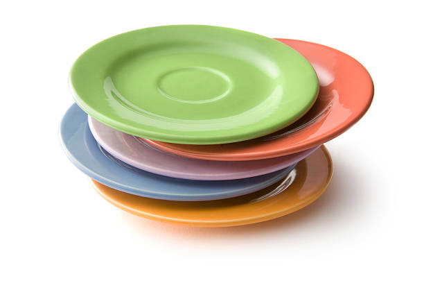 küchenutensilien: platten - plate dishware stack multi colored stock-fotos und bilder