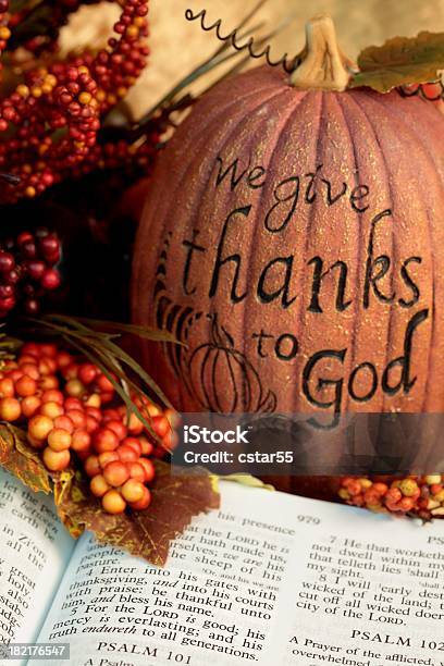 Religious Thanksgiving Scripture With Bible And Pumpkin Stock Photo - Download Image Now