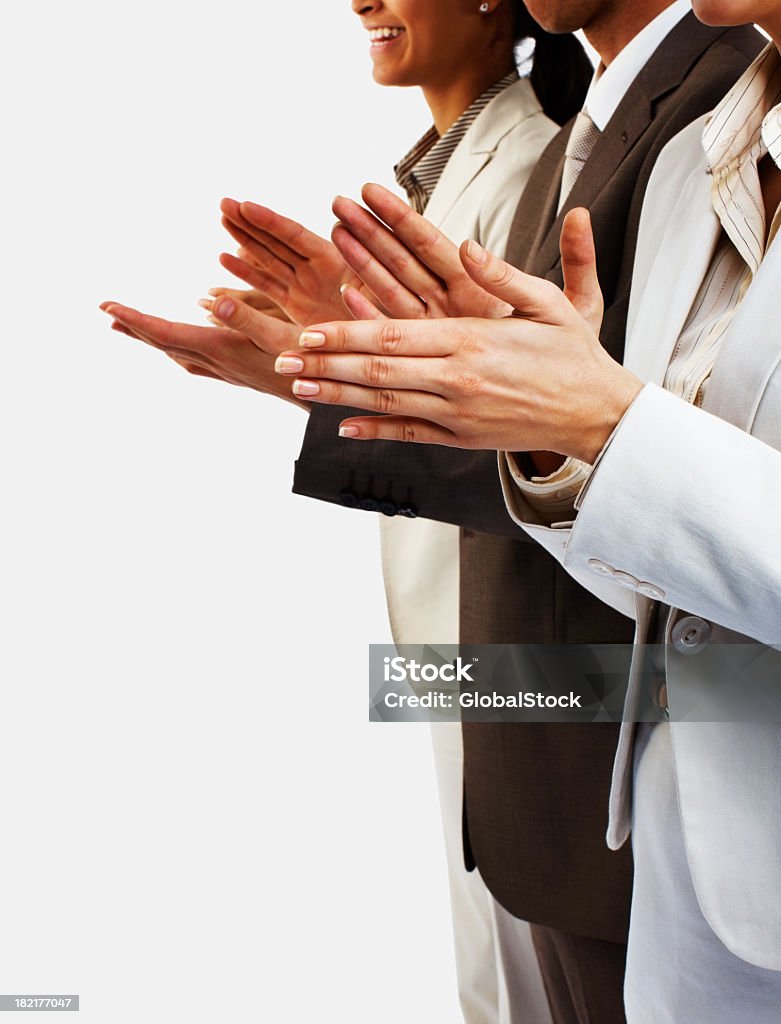 People in business suits clapping Business colleagues clapping hands over white background White Background Stock Photo