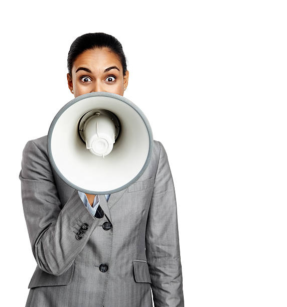 話すのビジネスウーマンの肖像画で、メガ - complaining megaphone speech businesswoman ストックフォトと画像