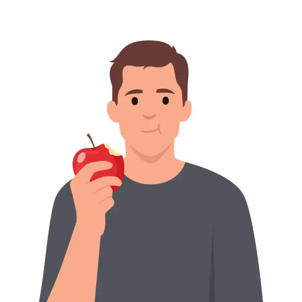 Vector illustration of Cute young man eating apple.