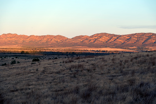 The Chase range in Flinders Ranges National Park viewed at sunset from Station Hill Lookout. The Flinders Ranges are the largest mountain ranges in South Australia.