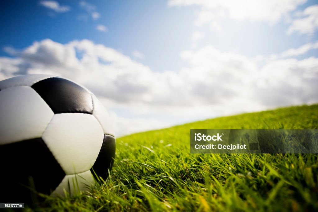 Bola de Futebol no campo de relva e objectivo publicações - Royalty-free Atividade Recreativa Foto de stock