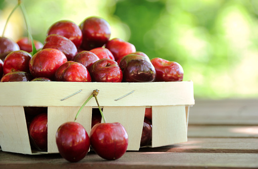 Basket of Cherries on a table- shallow DoF