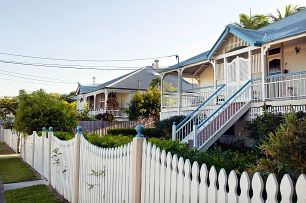"Typical restored traditional domestic architecture in Brisbane, Australia. These types of houses are known as 'Queenslanders' and are built up off the ground because of the tropical climate."