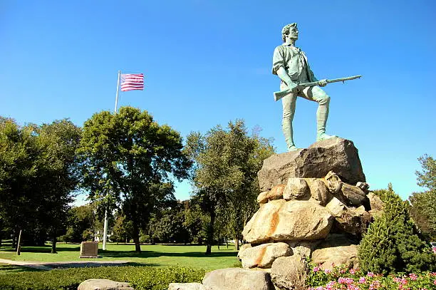The famous statue of the Revolutionary War minuteman stands tall on Lexington Green. It is here the Revolutionary War started in 1775.