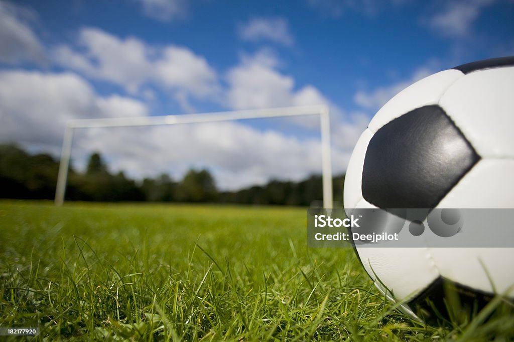 Fußball Ball auf Gras Platz und Zielvorgaben - Lizenzfrei Einzelner Gegenstand Stock-Foto