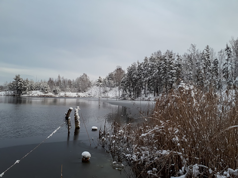 Beautiful rural winter scene of the river Spree, white trees covered in hoarfrost, reflections and a clear blue sky.