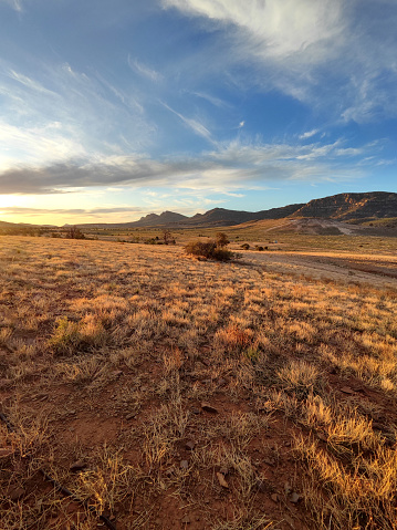 The Flinders Ranges National Park viewed at sunset from Station Hill Lookout. The Flinders Ranges are the largest mountain ranges in South Australia.