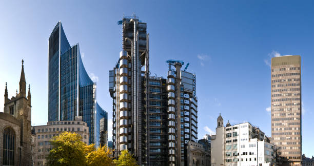 Tall structural London buildings Panoramic view of some of London's most famous skyscrapers in the heart of it's financial district. lloyds of london photos stock pictures, royalty-free photos & images