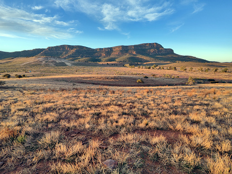 Rawnsley Bluff, a geological feature in Flinders Ranges National Park viewed from Station Hill Lookout. The Flinders Ranges are the largest mountain ranges in South Australia.