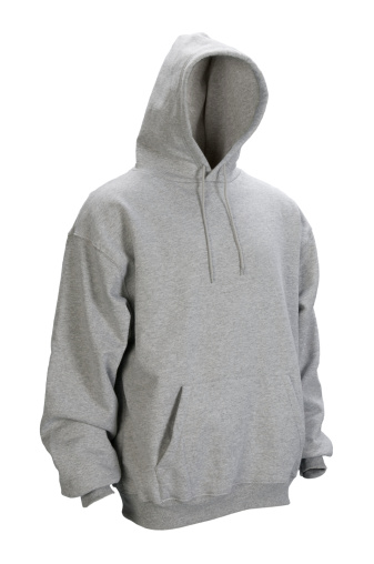 front 3/4 view of hooded gray sweatshirt on 255 white background with clipping path.(straight on #5860267)