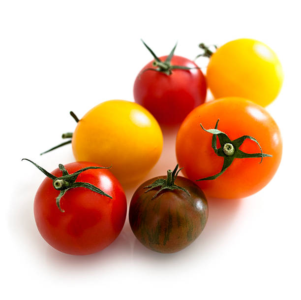 Tomato Various tomato varieties isolated on white. Selective focus.SEE MY PORTFOLIO FOR MANY MORE VARIATIONS OF THIS SHOT. cherry tomato stock pictures, royalty-free photos & images