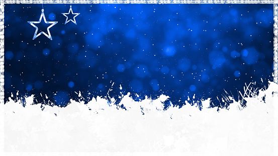 Horizontal illustration of a creative dark shimmery blue color Xmas lights bokeh backgrounds with pair of hanging shining pentagram stars. It is textured and has a color gradient. There is no text and no people, ample copy space. Apt for celebrations backdrops, wallpapers, templates for greeting cards, banners or posters or gift wrapping paper sheets.