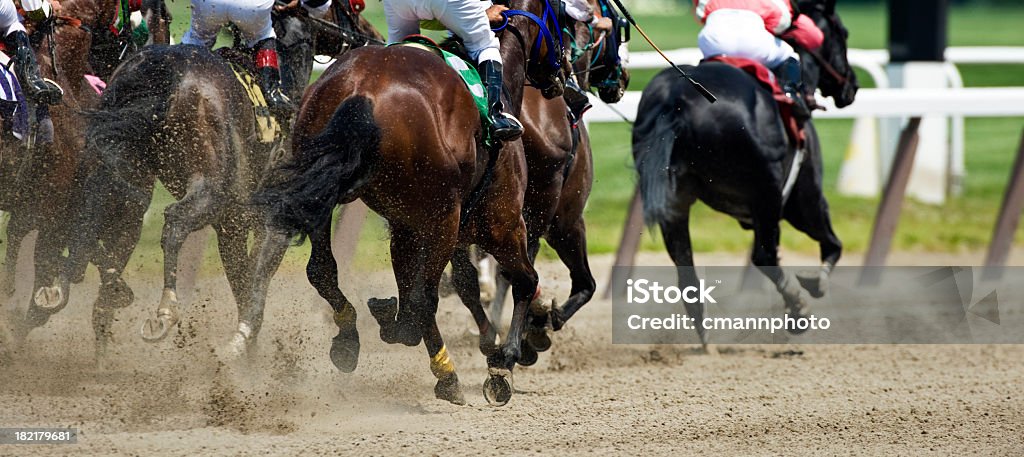 Horse Racing down the stretch they come Horse racing on a dirt track as they head down the front stretch to the finish line.  Horse Racing Stock Photo