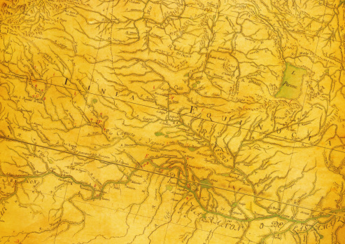 Close-up on a XVI-century map of South America. Very high resolution scan at 600 dpi.