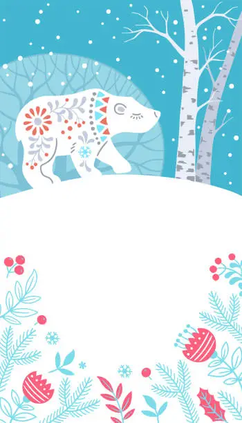 Vector illustration of Winter Forest Animal vertical banner. Hand drawn silhouette of polar bear in patterned Scandinavian folk style