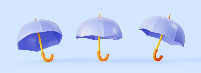 Blue umbrella 3d render icon set. Cartoon mockup parasol with wooden handle for rain or sun protection in different angles view. Protect symbol, safety sign, isolated design elements. 3D illustration