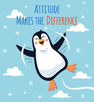 Vector illustration of a cheerful flying penguin. Inspirational motivation greeting card with text. Concept for inspiration, thinking out of the box, standing out of the crowd, imagination and success.