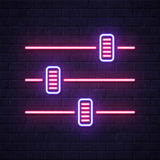 Vector illustration of Control panel - settings. Glowing neon icon on brick wall background