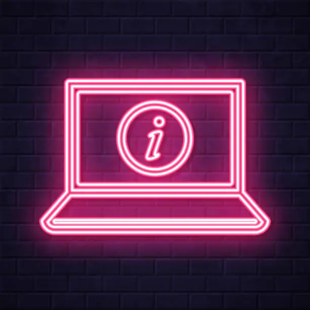 Vector illustration of Laptop with information sign. Glowing neon icon on brick wall background