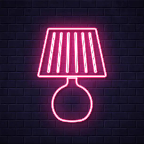Vector illustration of Table lamp. Glowing neon icon on brick wall background