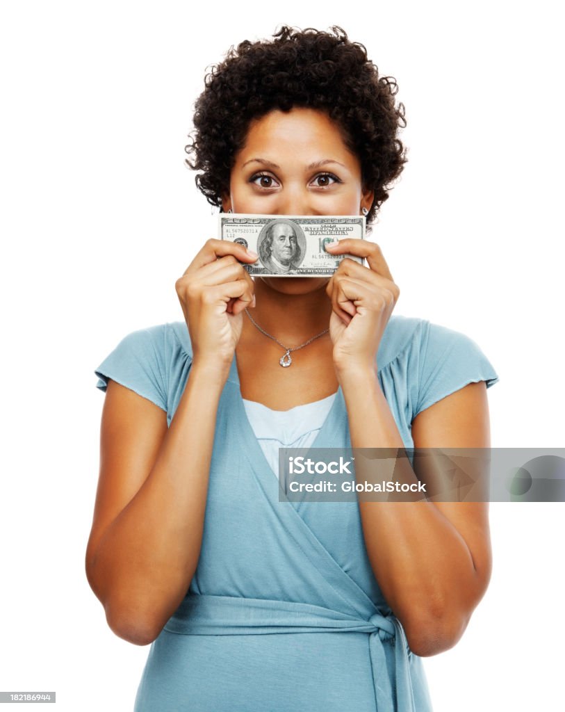 Retrato de uma mulher africana segurando a moeda de papel - Foto de stock de Moeda Americana - Moeda Corrente royalty-free