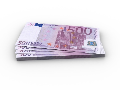 A stack of 500 euro bills. Slightly wrinkled top bill.Similar images in this style