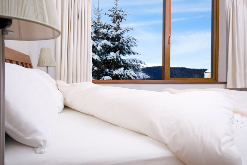 Bedroom with winter scenery in a hotel