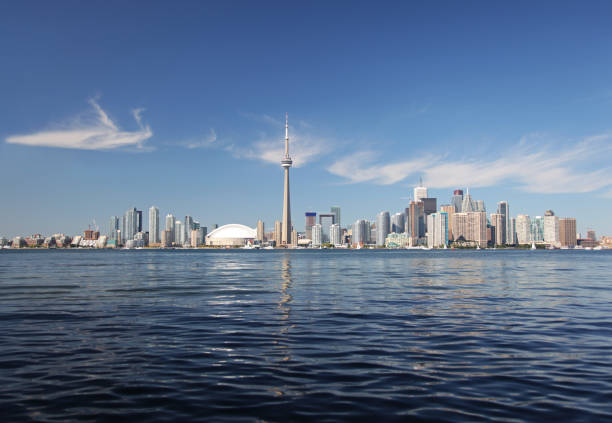 Lightning bolts strike the Toronto, Canada skyline on a summer evening