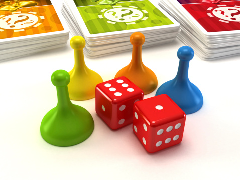 A pair of dice rolling down a craps table with copy space. Selective focus.Gambling concept. 3d illustration.