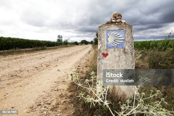 Milestone On The Way Of Saint James Stock Photo - Download Image Now - Camino De Santiago, Animal Shell, Cloud - Sky