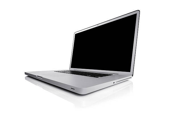 Laptop isolated on white shot with fish-eye lens stock photo