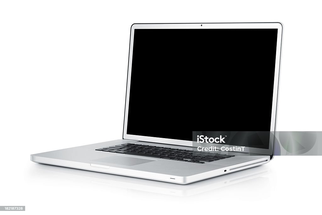 Computer portatile isolato su bianco, con TS-E lente - Foto stock royalty-free di Computer portatile