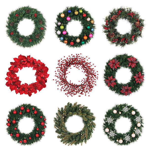 A variety of decorated holiday wreaths stock photo