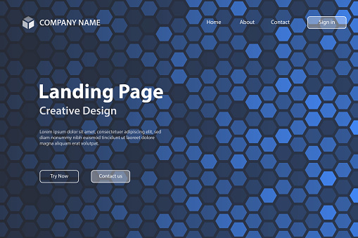 Landing page template for your website. Modern and trendy background. Abstract geometric design with a mosaic of hexagons and beautiful color gradient. This illustration can be used for your design, with space for your text (colors used: Blue, Purple, Black). Vector Illustration (EPS file, well layered and grouped), wide format (3:2). Easy to edit, manipulate, resize or colorize. Vector and Jpeg file of different sizes.