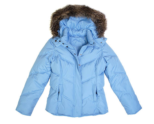 A light blue winter jacket with hood Blue jacket isolated on white. winter coat stock pictures, royalty-free photos & images